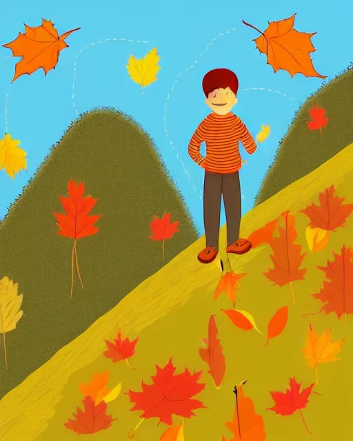 autumn hillside boy hiking illustration detailed, by Stable Diffusion