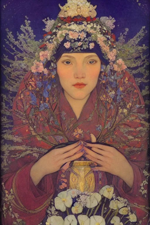 queen of flowers in the snow, by Nicholas Roerich and Stable Diffusion
