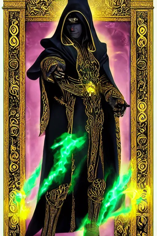 a warlock wearing a black robe with golden embroidery, Stable