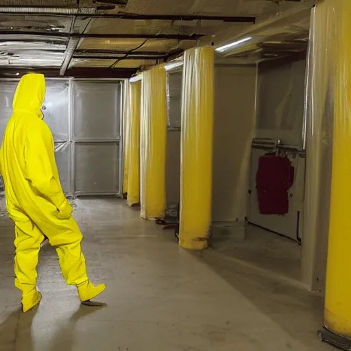 a man wearing a yellow hazmat suit inside the Stable Diffusion