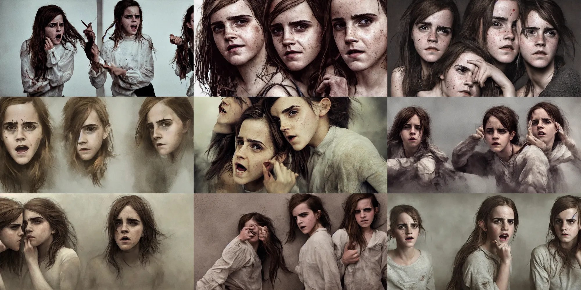 portrait emma watson identical twins screaming greg Stable Diffusion