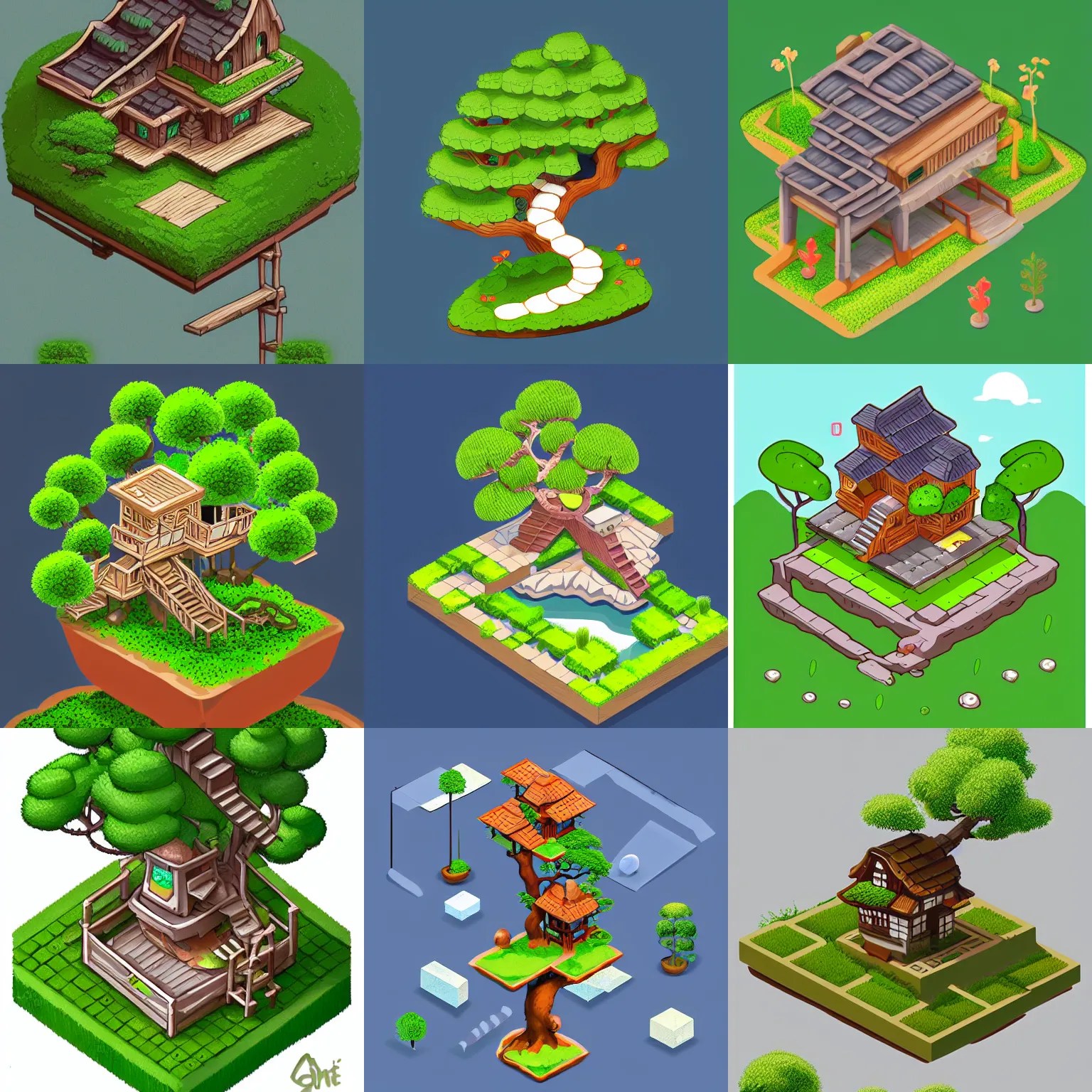 Bonsai Tree House, isometric game asset, digital art, Stable