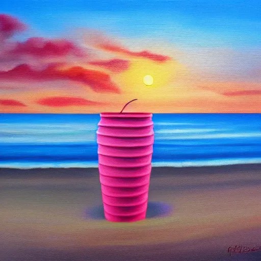an oil painting of a giant styrofoam cup on the beach, Stable