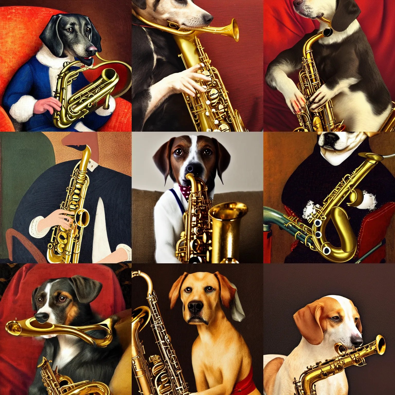 dog playing the saxophone, sitting on the sofa, Stable Diffusion