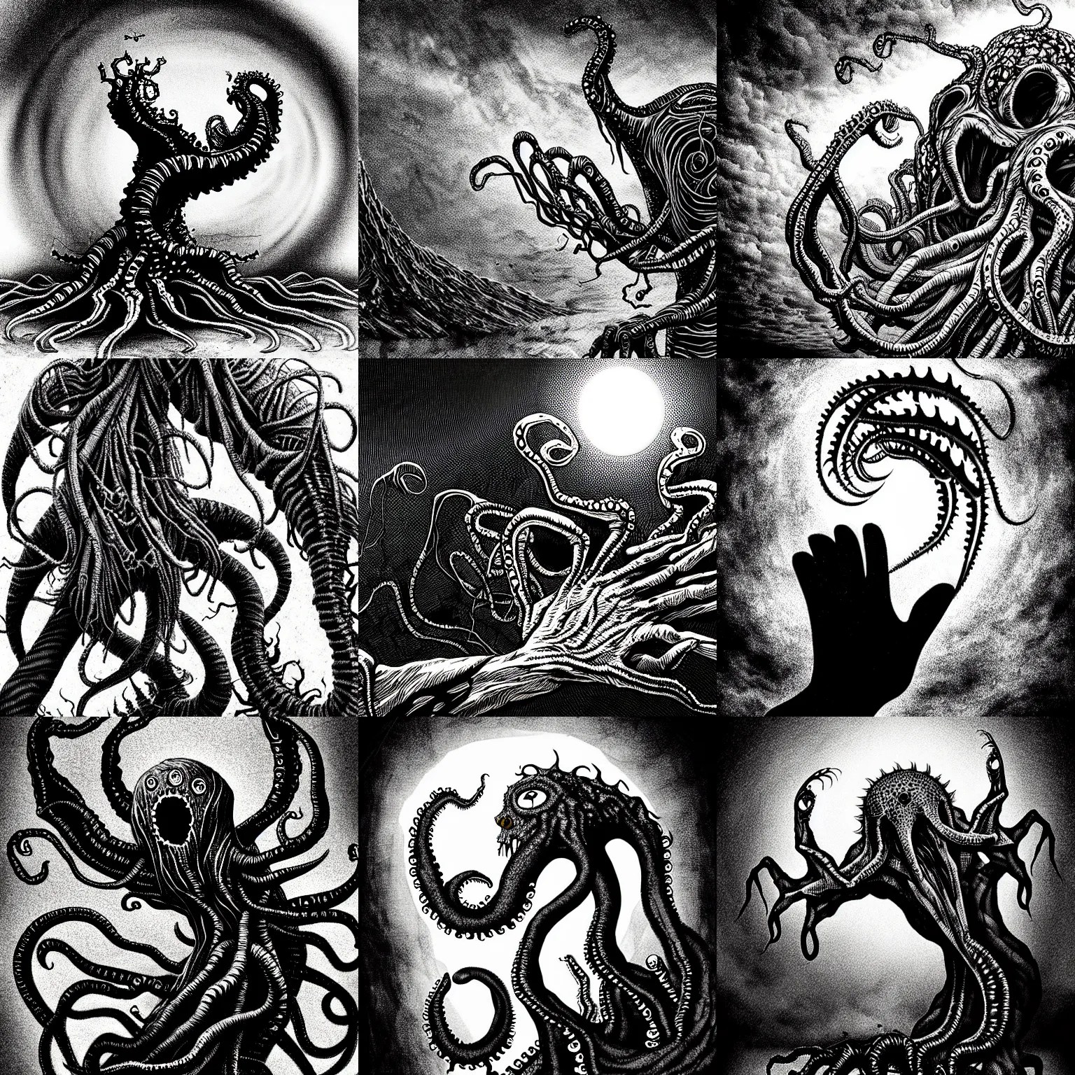 pen and ink a lovecraftian monster reaching out toward Stable