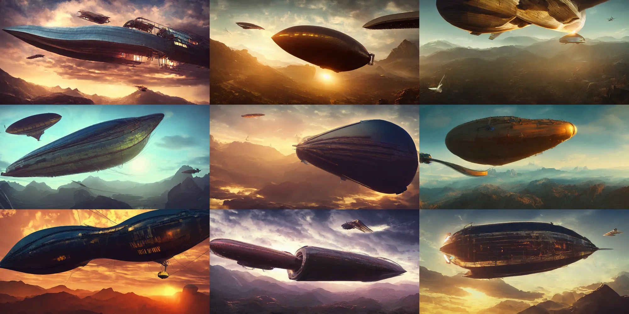 a cyberpunk zeppelin airship is flying high in the sky Stable Diffusion