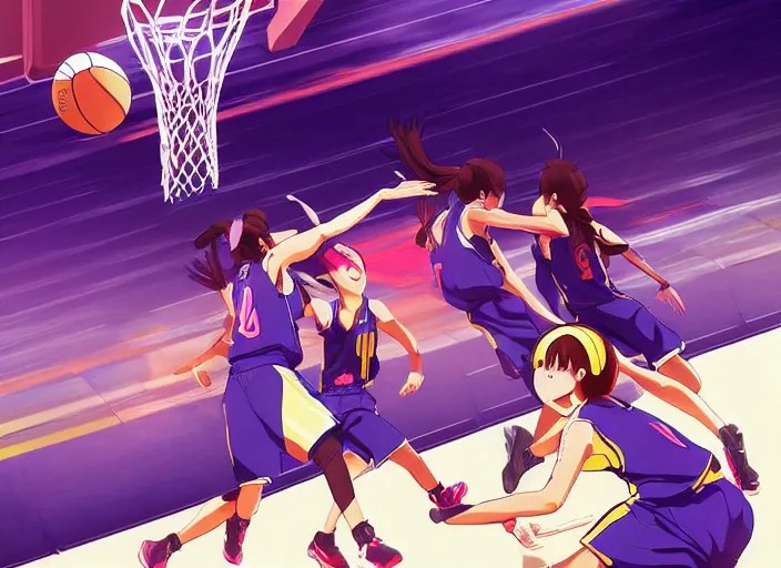 WNBA anime illustration of women playing basketball, Stable Diffusion