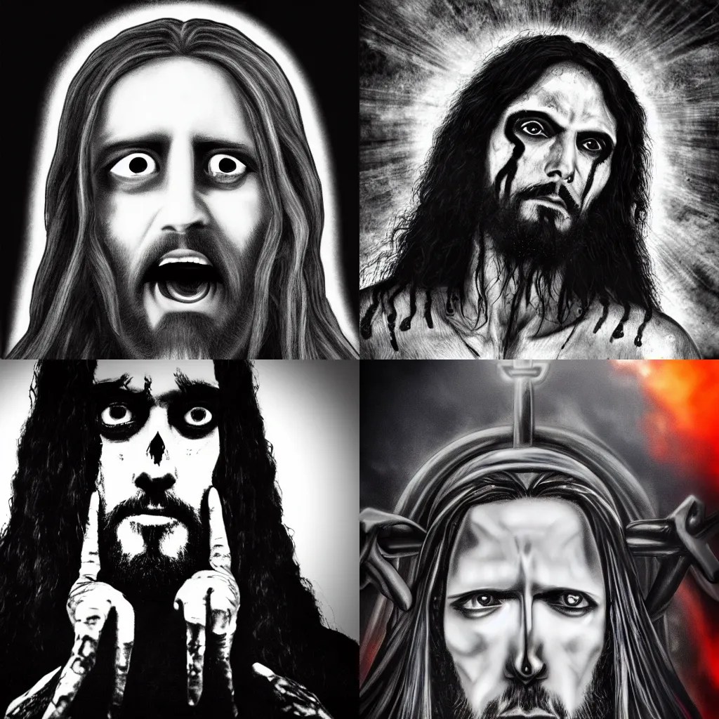 Jesus as black metal band leader, front view, Stable Diffusion OpenArt