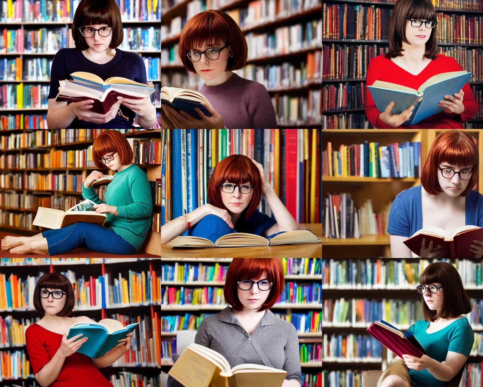 velma dinkley cosplayer reading a book at a library, Stable Diffusion OpenArt
