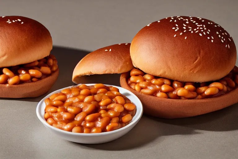 mcdonalds baked beans between two sesame seed buns, Stable Diffusion