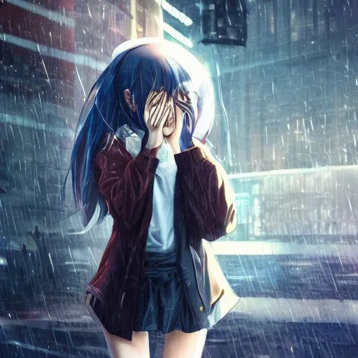 anime girl crying with tears on all of her face, rainy Stable Diffusion