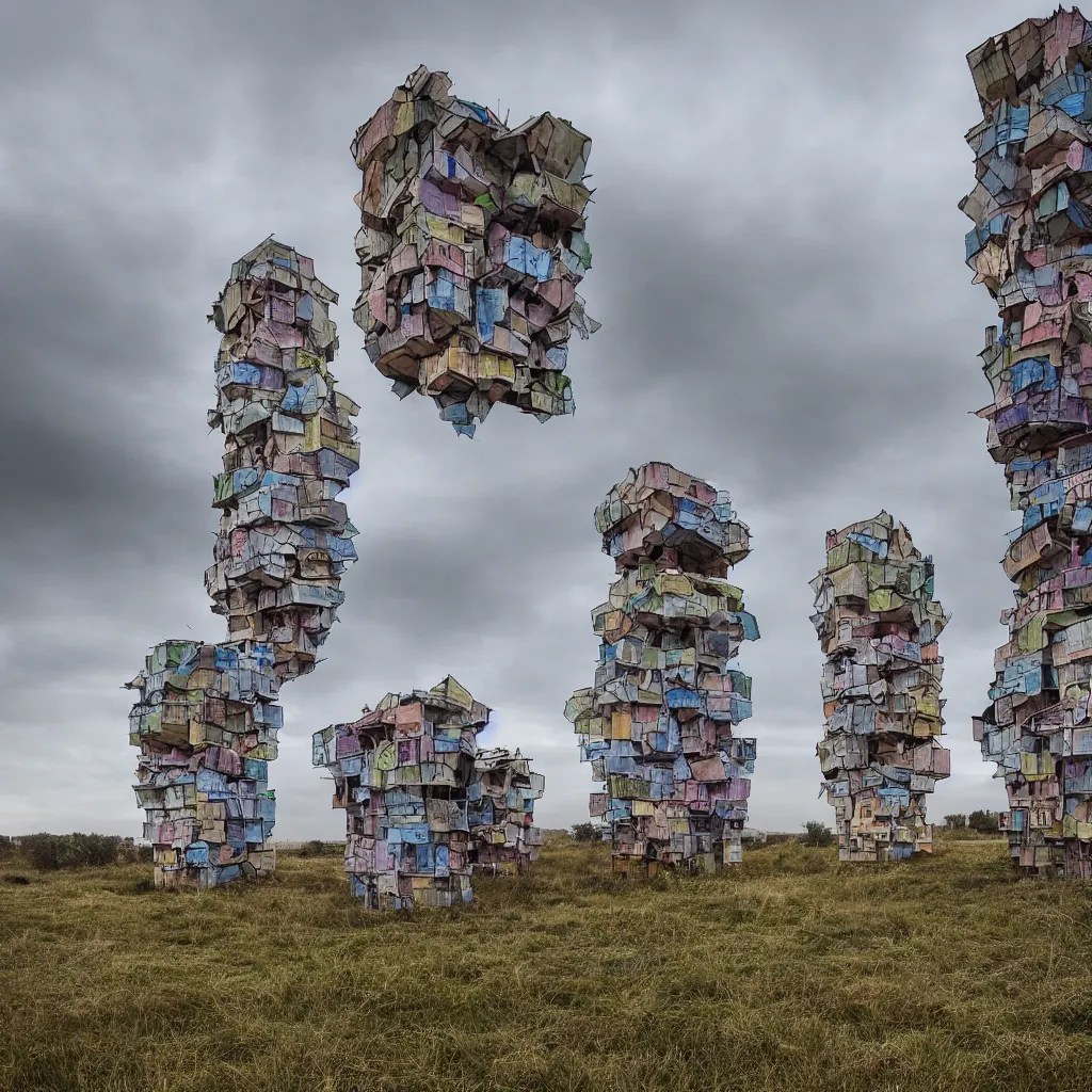 two organic looking towers, made up of makeshift Stable Diffusion