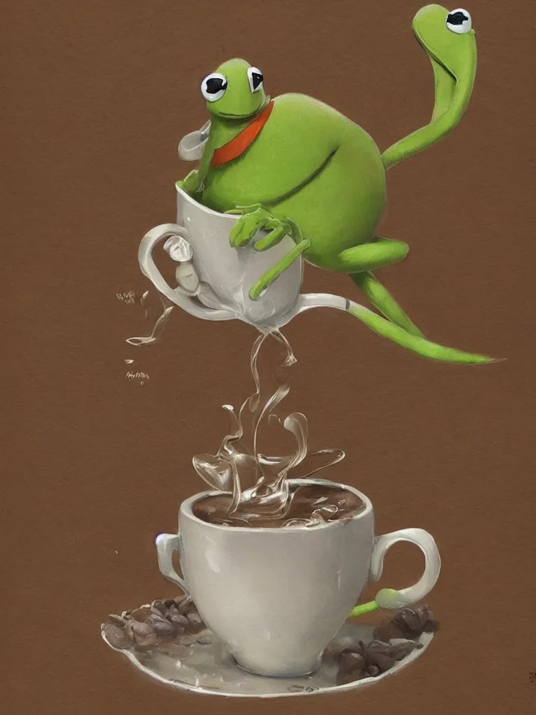 kermit offers a cup of fresh steaming coffee, serene Stable Diffusion
