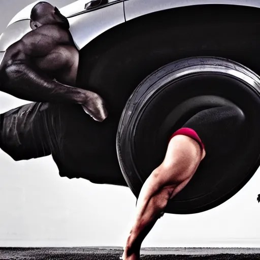 car jumping, bodybuilder, woman, holding, photo, Stable Diffusion