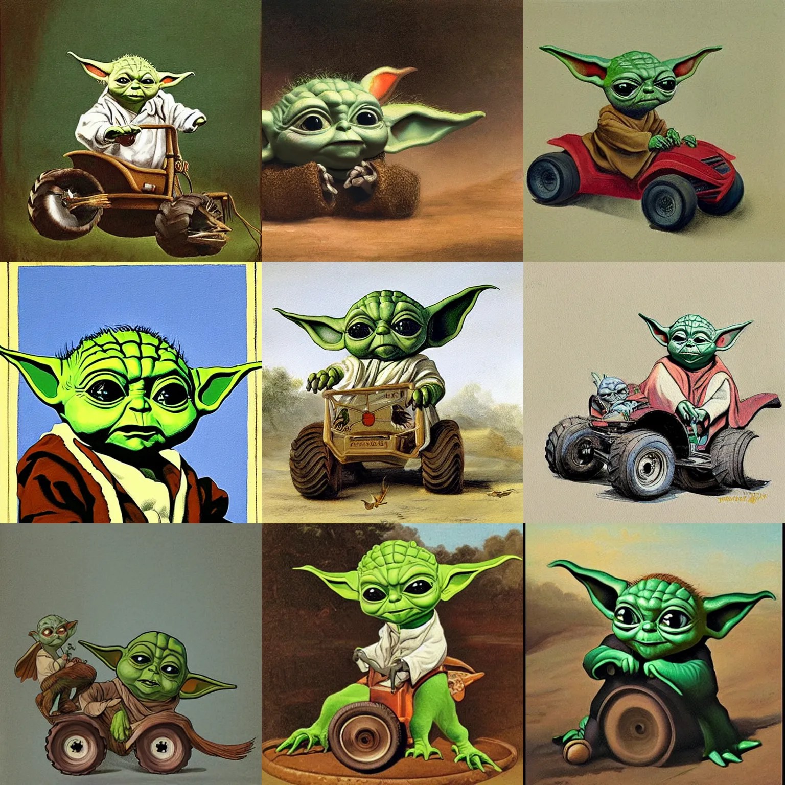 baby yoda riding Monster truck, in the style of birds Stable Diffusion