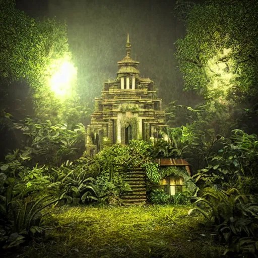 overgrown jungle temple in the dark, atmospheric, 3d Stable Diffusion