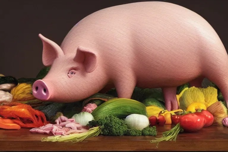 a fake pig laying on top of vegetables on a table, a Stable Diffusion