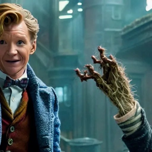 newt scamander walking hand in hand with baby groot Stable Diffusion