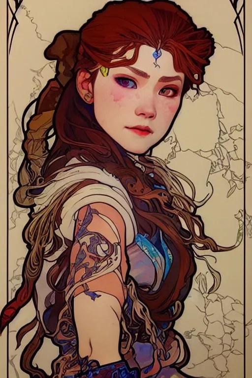 beautiful art nouveau portrait painting of aloy!!!, Stable