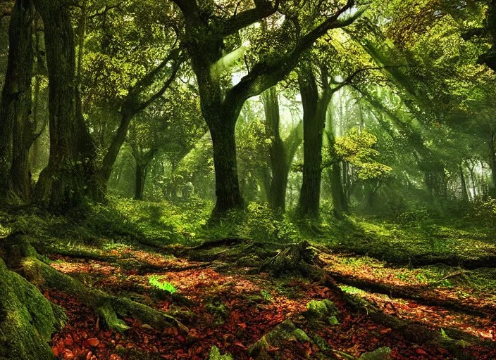 Old oak forest trail, lush vegetation, gentle rays of Stable Diffusion