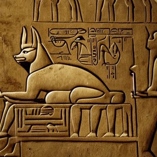 Egyptian deity Anubis doing his taxes on a laptop, Stable Diffusion