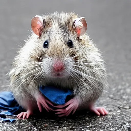 soaking wet homeless hamster begging for money on the Stable