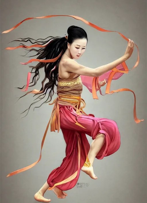 full body portrait of a dancer throwing silk belts, Stable Diffusion