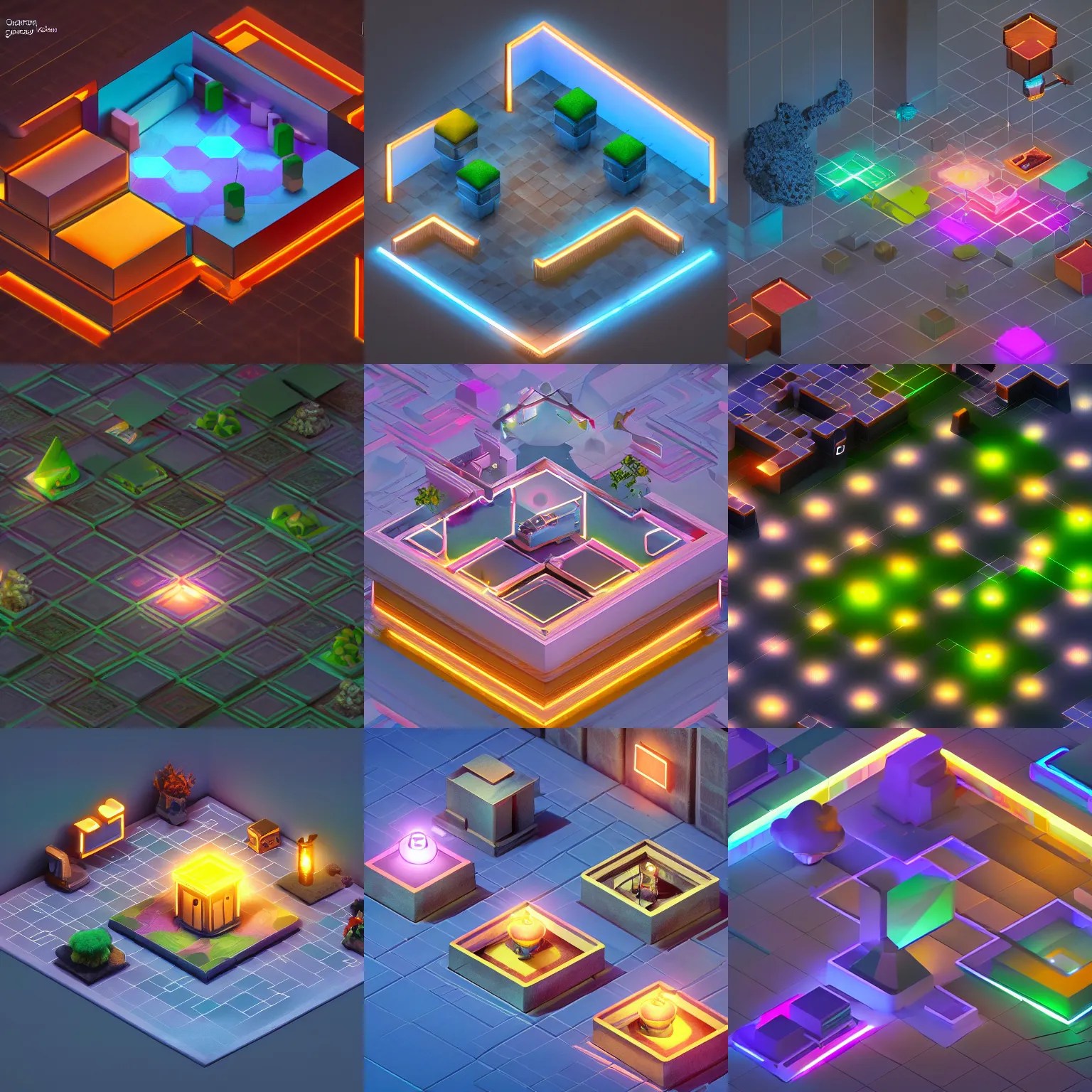 isometric game art world, lights with bloom, trending Stable Diffusion