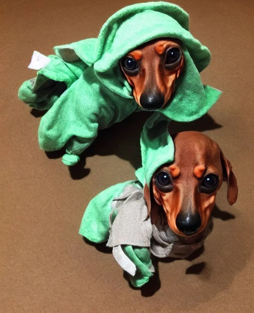 a dachshund dressed as Baby Yoda, Stable Diffusion OpenArt