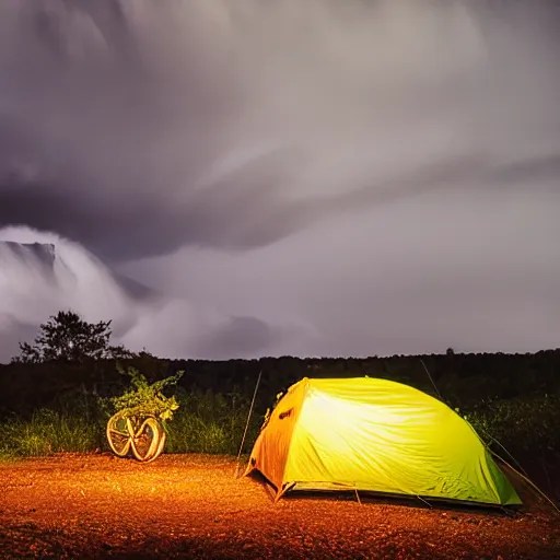 stormy night at a campsite, dramatic lighting, gloomy, Stable Diffusion