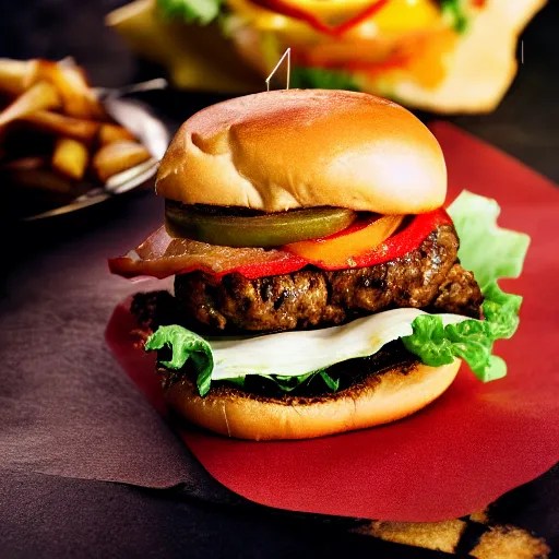 85mm food photograph of the perfect cheeseburger shot Stable