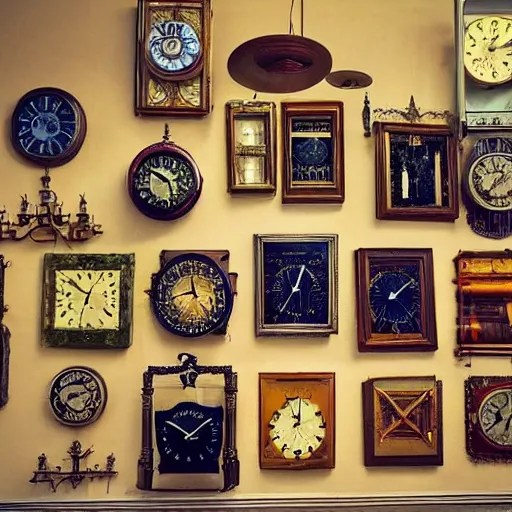A strange room full of clocks that has been used for Stable Diffusion