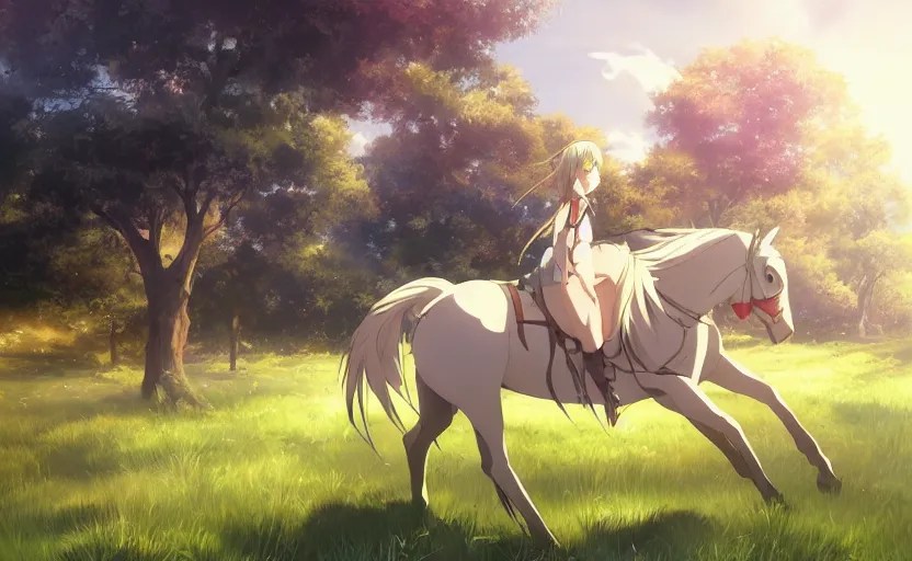 An anime girl riding a horse through a grassy field, Stable Diffusion