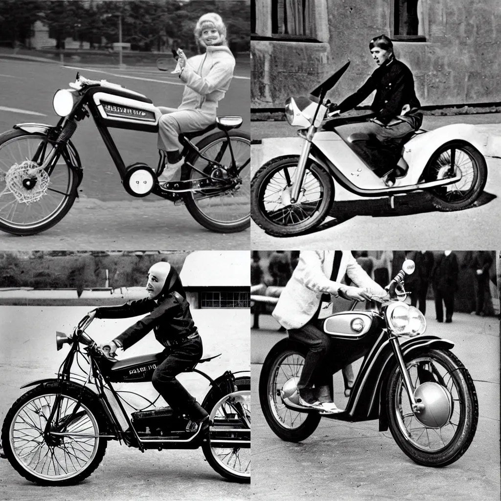 the first electric motorcycle, photo from the 60s Stable Diffusion