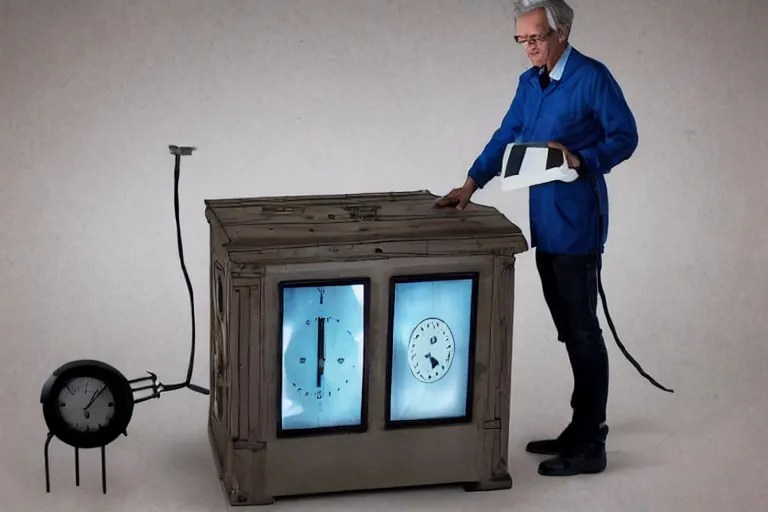 scientist showing his time machine invention, full Stable Diffusion