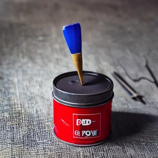 a open tin of red paint advertising screwfix paintbrush Stable