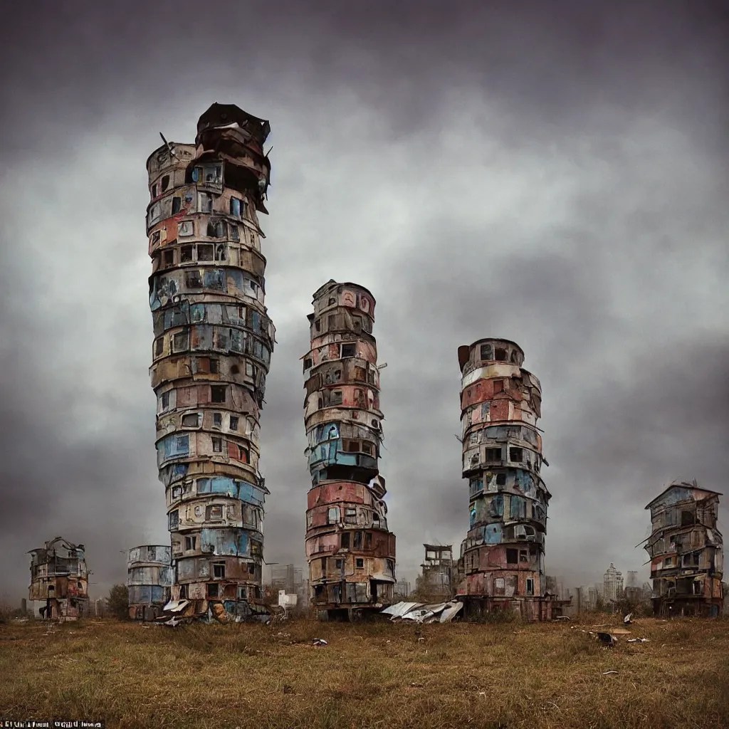 circular towers, made up of makeshift squatter shacks Stable