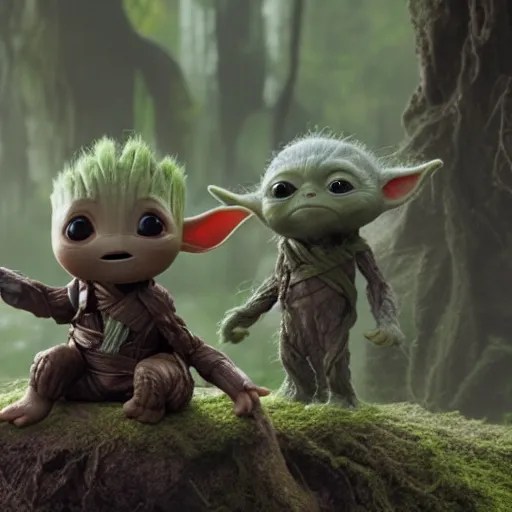 Film still of Baby Groot sitting with Baby Yoda on Stable Diffusion