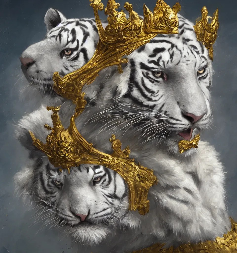 artwork of a white tiger king with gold crown and blue Stable Diffusion