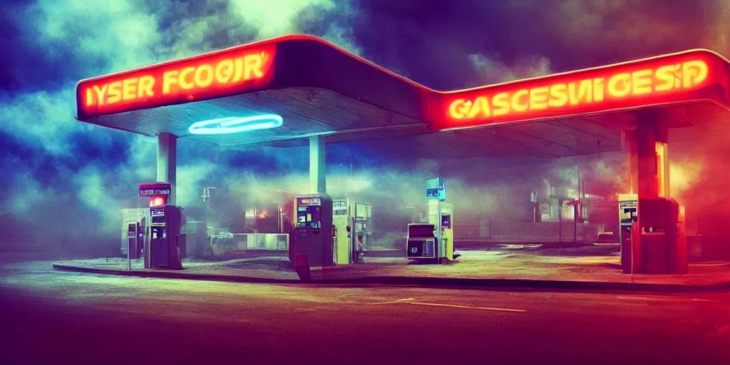 “hyper realistic gas station, neon, fog, atmospheric Stable Diffusion