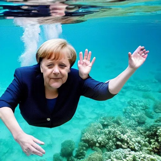 angela merkel under water dives through a coral reef, Stable