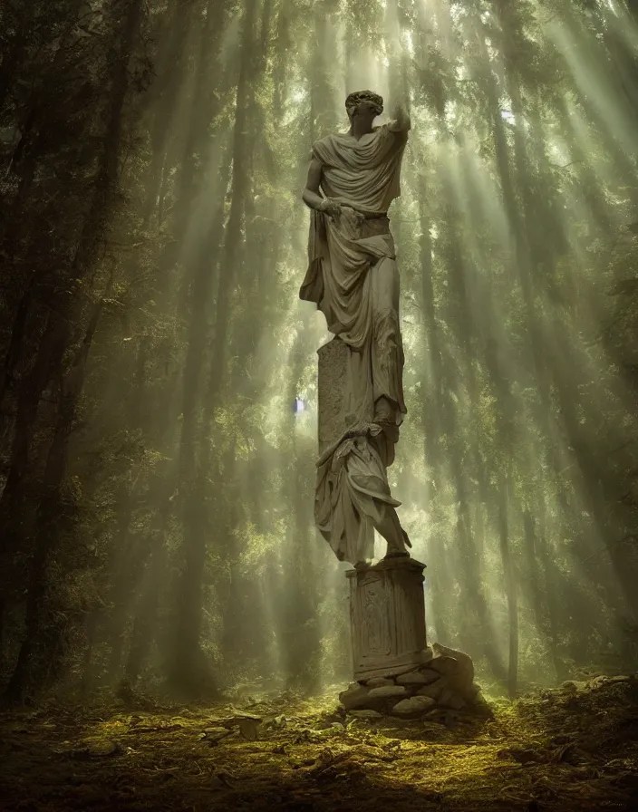 an ancient greek statue lost in a gigantic forest by Stable Diffusion