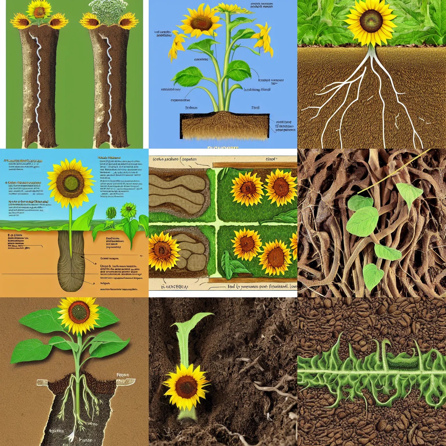 a sunflower root diagram, above and below ground Stable Diffusion