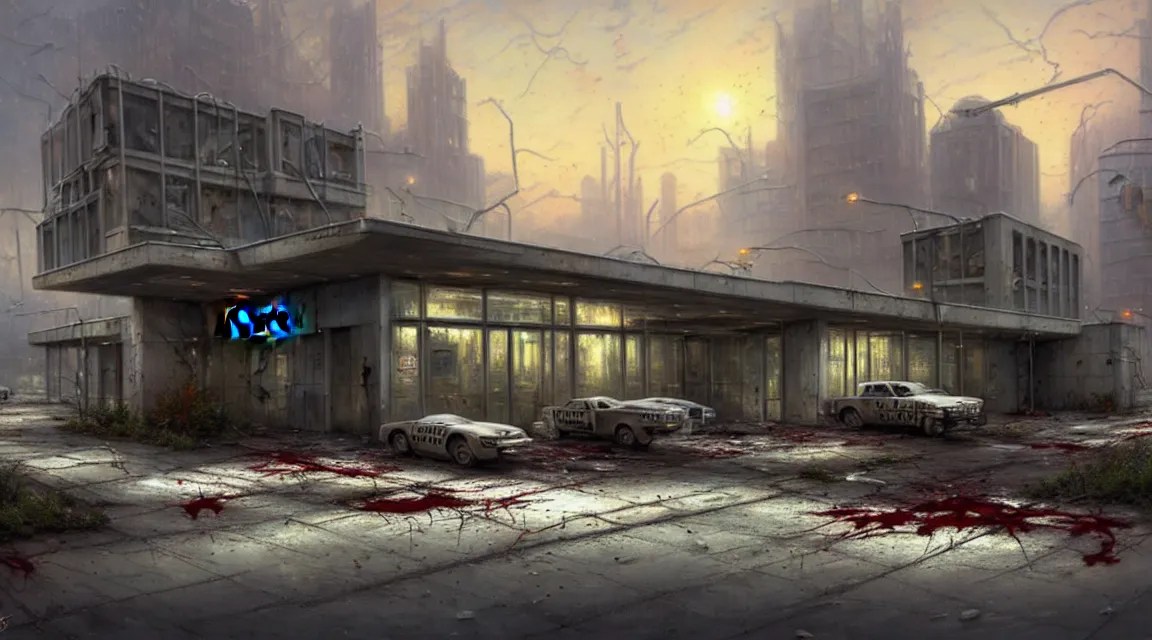 post apocalyptic police station, building, avenue, Stable Diffusion