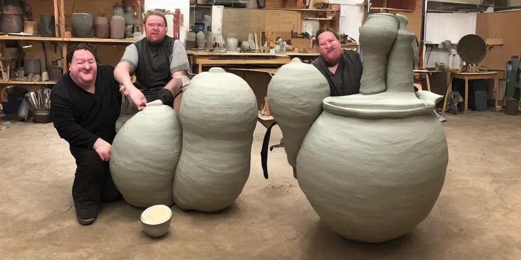 johnny vegas sitting making a very large clay teapot, Stable Diffusion