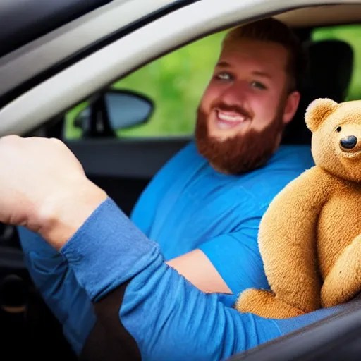 guy driving a car with a bear in the front seat Stable Diffusion