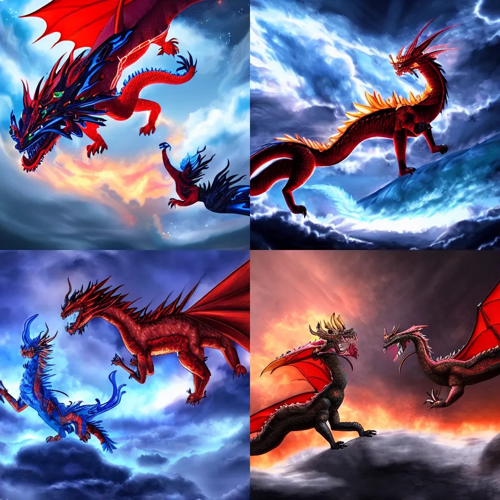 A fire dragon and an ice dragon fight in the sky, Stable Diffusion