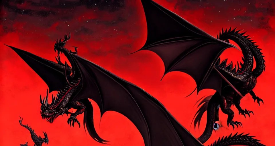 black and red dragon with 4 wings in the sky, night Stable Diffusion