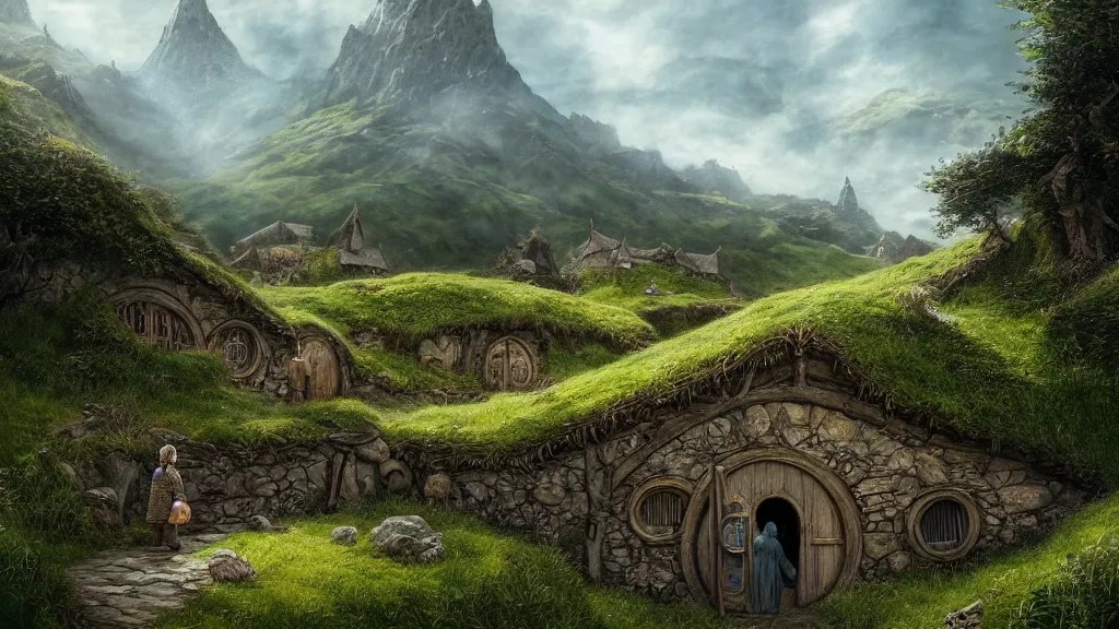 frodo returning to bag end at the end of his journey, Stable Diffusion