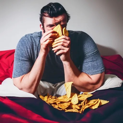 Gigachad man eating many bags of chips on his bed Stable Diffusion
